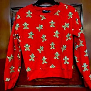 Womens red cropped sweatshirt with gingerbread men